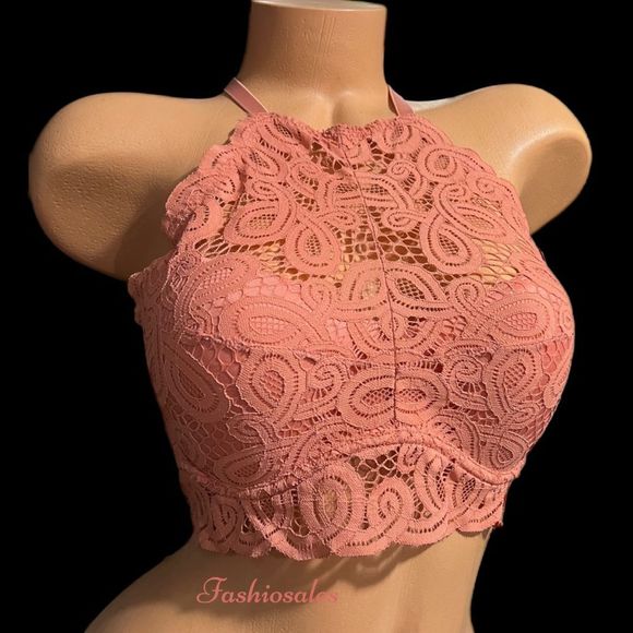 Victorias Secret PINK Push Up Padded High Neck Floral Lace Bralette bra Coral L